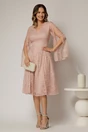 Rochie DY Fashion roz din dantela cu maneci lungi crapate si decolteu in V, 3, dyfashion.ro