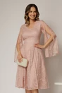 Rochie DY Fashion roz din dantela cu maneci lungi crapate si decolteu in V, 1, dyfashion.ro