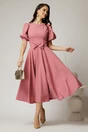 Rochie DY Fashion roz din stofa in clos cu funda in talie, 3, dyfashion.ro