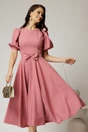 Rochie DY Fashion roz din stofa in clos cu funda in talie, 1, dyfashion.ro