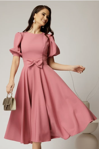 Rochie DY Fashion roz din stofa in clos cu funda in talie