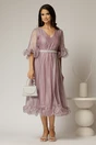 Rochie DY Fashion roz din voal creponat cu volanase si decolteu in V, 3, dyfashion.ro