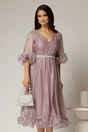 Rochie DY Fashion roz din voal creponat cu volanase si decolteu in V, 1, dyfashion.ro