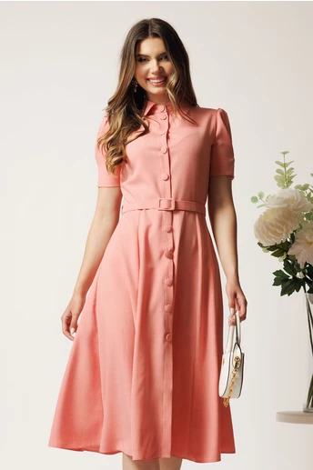 Rochie DY Fashion roz in clos cu nasturi si curea in talie