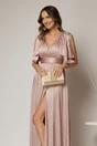 Rochie DY Fashion roz lunga de seara cu decolteu adanc si funde ample, 3, dyfashion.ro