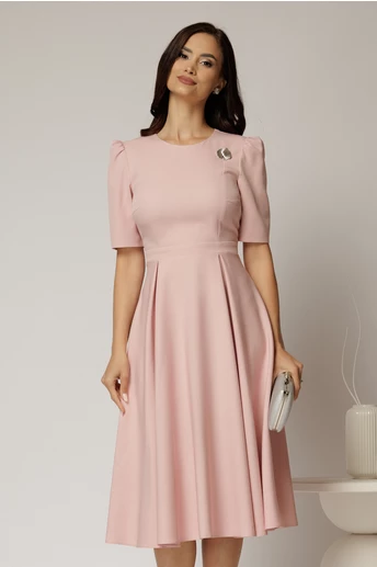 Rochie DY Fashion roz midi cu pliuri pe fusta si design cu detaliu la bust