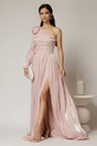 Rochie DY Fashion roz pe un umar cu detaliu floral amplu din voal peliculizat, 1, dyfashion.ro
