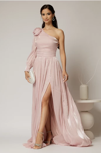 Rochie DY Fashion roz pe un umar cu detaliu floral amplu din voal peliculizat