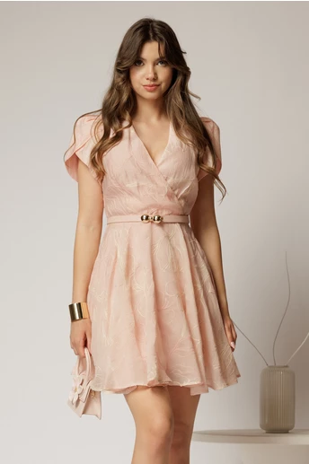 Rochie DY Fashion roz scurta cu broderii florale si decolteu petrecut