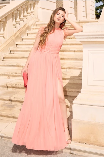Rochie DY Fashion lunga eleganta din tull roz somon cu pene la umeri