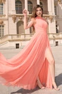 Rochie DY Fashion lunga eleganta din tull roz somon cu pene la umeri