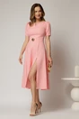 Rochie DY Fashion roz somon midi cu detaliu talie si decupaj la decolteu, 3, dyfashion.ro