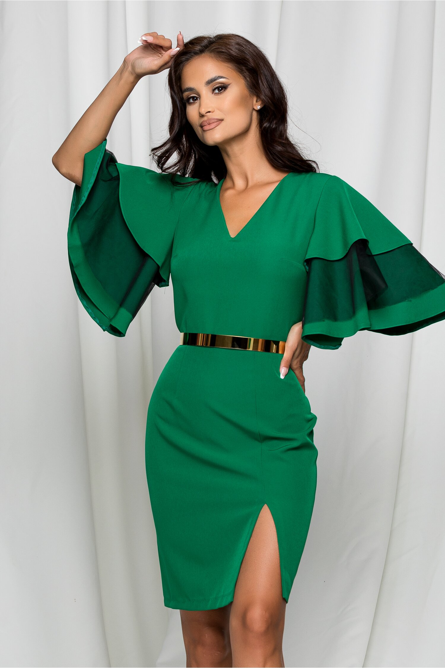 Rochie Dy Fashion Sara verde cu maneci evazate si crepeu in fata 2023 ❤️ Pret Super dyfashion imagine noua 2022