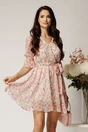 Rochie DY Fashion scurta alba din voal cu flori roz si cordon in talie, 1, dyfashion.ro