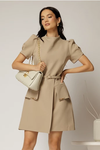 Rochie DY Fashion scurta bej cu aplicatii pe capace si decolteu rotund