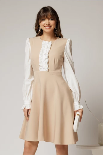Rochie DY Fashion scurta bej cu maneci lungi din poplin si volanase