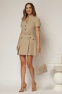 Rochie DY Fashion scurta bej cu nasturi decorativi la bust si pliuri pe fusta, 3, dyfashion.ro
