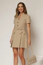 Rochie DY Fashion scurta bej cu nasturi decorativi la bust si pliuri pe fusta, 1, dyfashion.ro