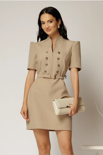 Rochie DY Fashion scurta bej cu nasturi decorativi pe bust si maneca scurta