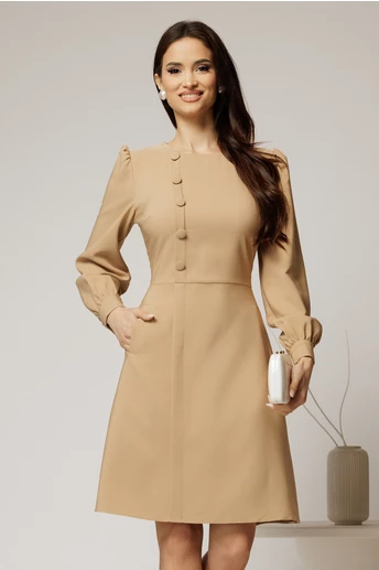 Rochie DY Fashion scurta bej cu nasturi pe bust si fusta tip A