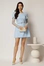 Rochie DY Fashion scurta bleu cu maneci din dantela si curea in talie, 3, dyfashion.ro
