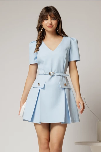 Rochie DY Fashion scurta bleu cu pliuri si decolteu in V
