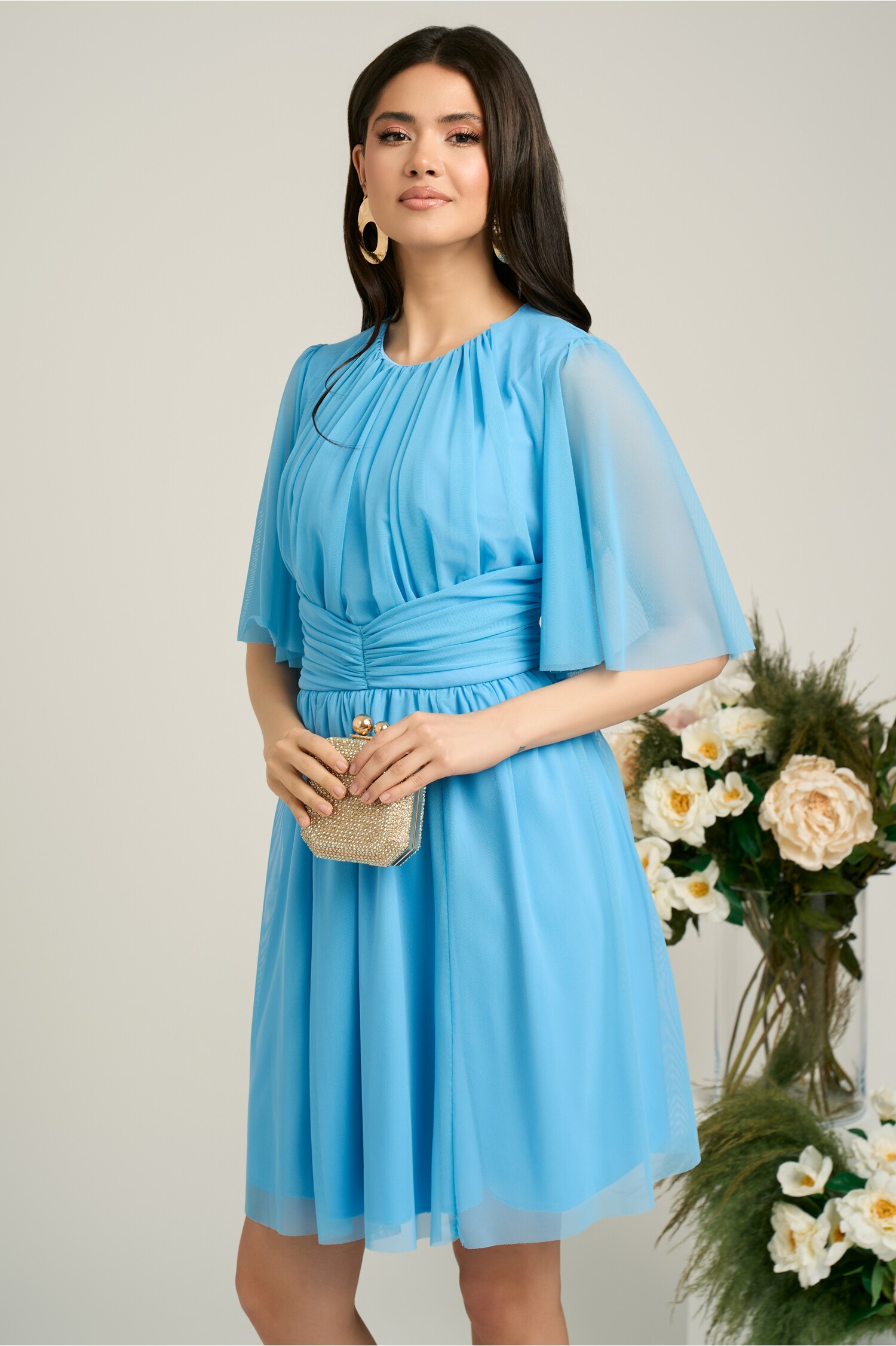 Rochie Dy Fashion scurta bleu de ocazie din tull fin