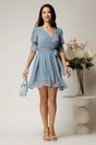 Rochie DY Fashion scurta bleu din voal cu imprimeu gri si cordon in talie, 3, dyfashion.ro