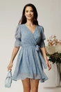 Rochie DY Fashion scurta bleu din voal cu imprimeu gri si cordon in talie, 1, dyfashion.ro