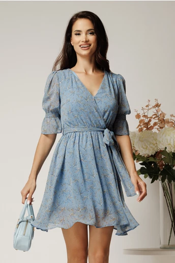 Rochie DY Fashion scurta bleu din voal cu imprimeu gri si cordon in talie