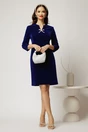 Rochie DY Fashion scurta bleumarin din catifea fixa cu funda perla, 3, dyfashion.ro