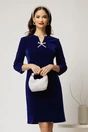 Rochie DY Fashion scurta bleumarin din catifea fixa cu funda perla, 1, dyfashion.ro