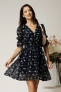 Rochie DY Fashion scurta bleumarin din voal cu floricele si cordon in talie, 1, dyfashion.ro