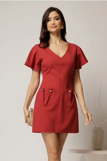 Rochie DY Fashion scurta caramizie cu croi drept si buzunare pe fusta