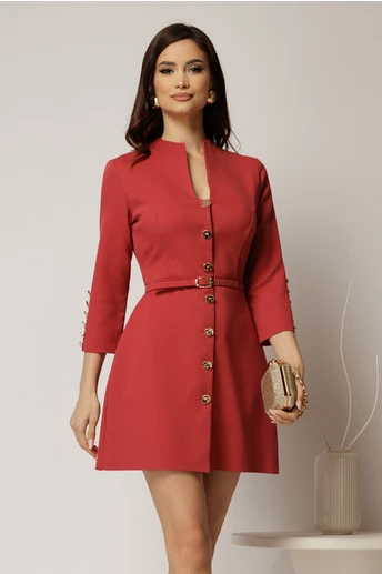 Rochie DY Fashion scurta caramizie cu inchidere cu nasturi si curea in talie