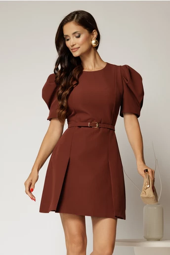 Rochie DY Fashion scurta caramizie cu maneci scurte si pliuri pe fusta