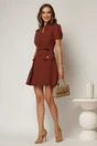 Rochie DY Fashion scurta caramizie cu nasturi decorativi la bust si pliuri pe fusta, 3, dyfashion.ro