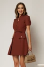 Rochie DY Fashion scurta caramizie cu nasturi decorativi la bust si pliuri pe fusta, 1, dyfashion.ro
