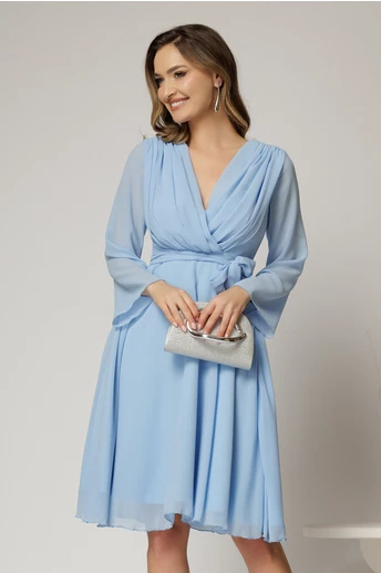 Rochie DY Fashion scurta din voal bleu cu decolteu petrecut si cordon in talie