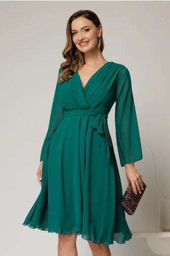 Rochie DY Fashion scurta din voal verde cu decolteu petrecut si cordon in talie