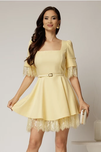 Rochie DY Fashion scurta galbena cu dantela la fusta si maneci