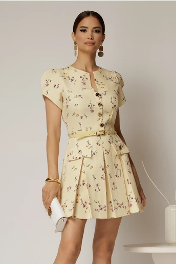 Rochie DY Fashion scurta galbena cu floricele si fusta cu pliuri