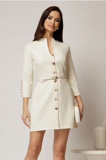 Rochie DY Fashion scurta ivoar cu inchidere cu nasturi si curea in talie