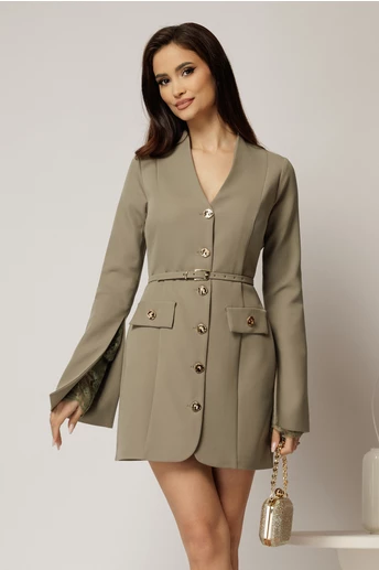 Rochie DY Fashion scurta kaki cu maneci crapate cu dantela