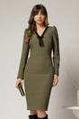 Rochie DY Fashion scurta kaki office conica cu decolteu in V si funda, 1, dyfashion.ro