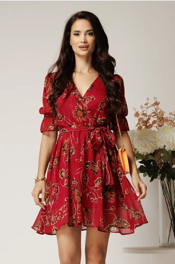 Rochie DY Fashion scurta magenta din voal cu imprimeu floral si fir lurex