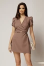 Rochie DY Fashion scurta maro cu maneci scurte cu perle si decolteu petrecut, 1, dyfashion.ro