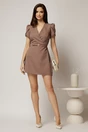 Rochie DY Fashion scurta maro cu maneci scurte cu perle si decolteu petrecut, 3, dyfashion.ro