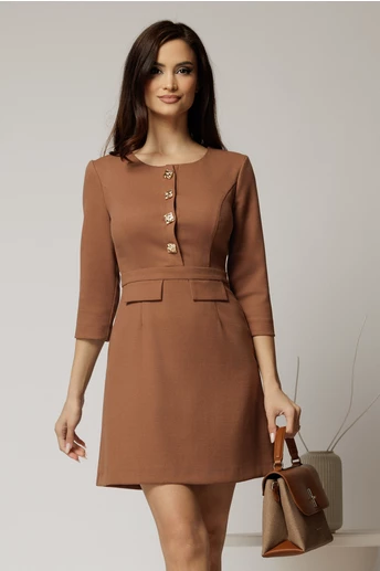 Rochie DY Fashion scurta maro cu nasturi pe bust si fusta tip A