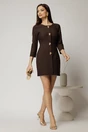 Rochie DY Fashion scurta maro din stofa cu croi cambrat si nasturi decorativi, 3, dyfashion.ro